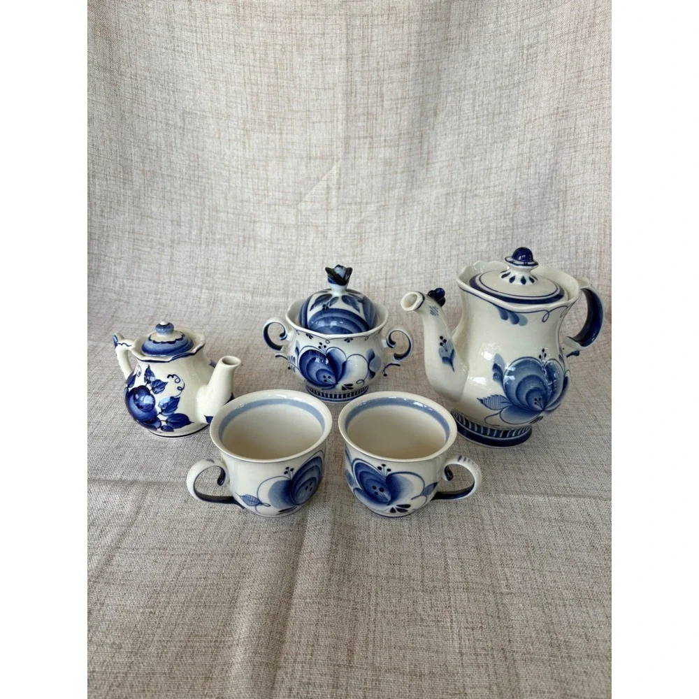 Gzhel Tea Set OS Blue Excellent Russian Porcelain Hand Painted 5pc Set